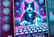 Futuristic digital cat typing on a glowing keyboard, representing the Keyboard Cat (KEYCAT) meme coin. The background features a vibrant blockchain network with neon blue and purple hues, along with crypto market charts and coin symbols.