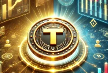 Glowing TUT token at the center, with a blockchain-based education scene on one side and a crypto trading environment with charts and Binance listings on the other.