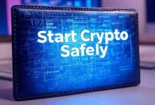 A black HD wallet with "Start Crypto Safely" in bold white text on a blue digital background featuring mathematical patterns and keywords like "Seed Phrase" and "HD Wallet" in a modern tech setting.