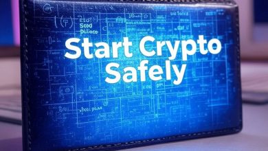 A black HD wallet with "Start Crypto Safely" in bold white text on a blue digital background featuring mathematical patterns and keywords like "Seed Phrase" and "HD Wallet" in a modern tech setting.